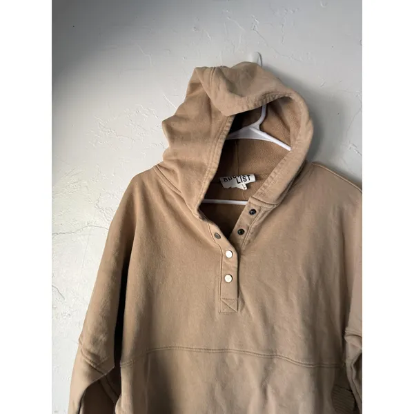 Bucket List Hoodie Womens Small Tan Pullover‎ Snap Neck Ribbed Hem Thumbholes - Image 2