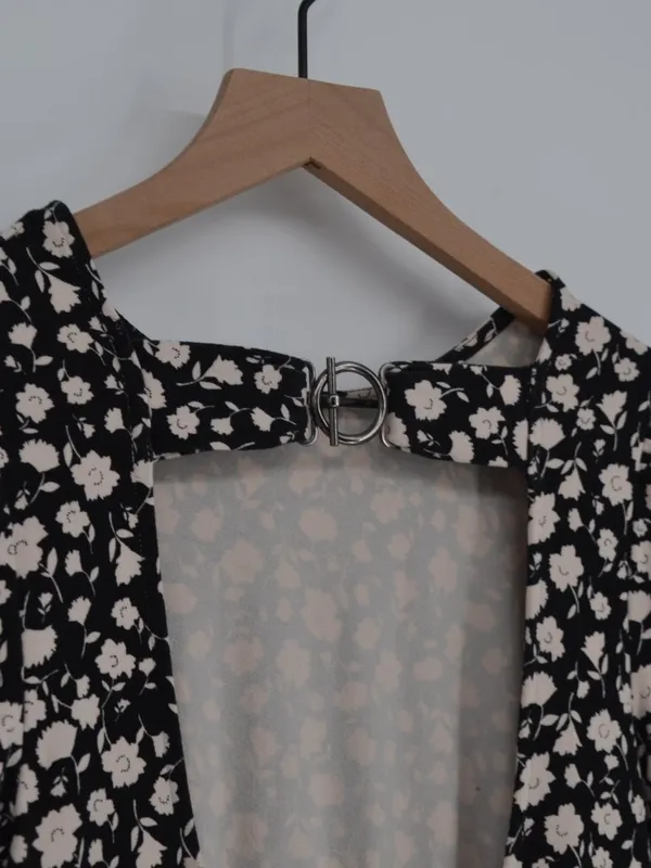 Free People Black & Cream Floral Cutout Back Midi Dress XS - Image 4