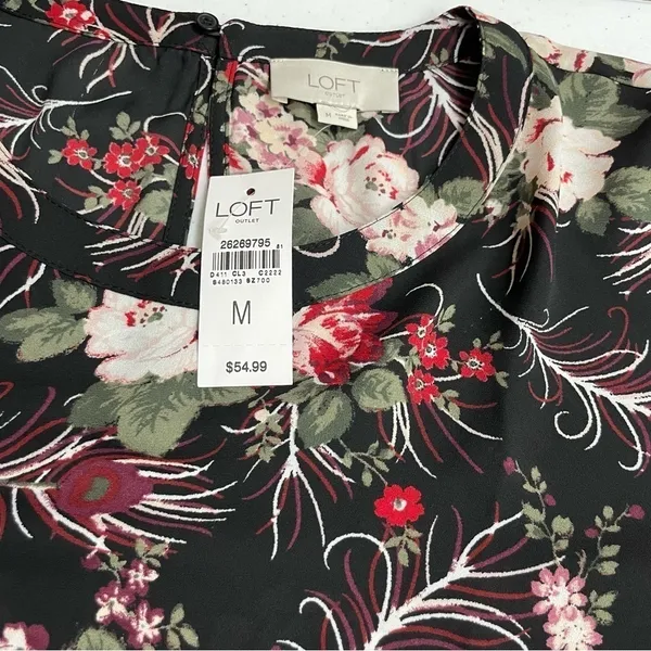 LOFT Black Floral Bell Sleeve Blouse Size M - Image 9