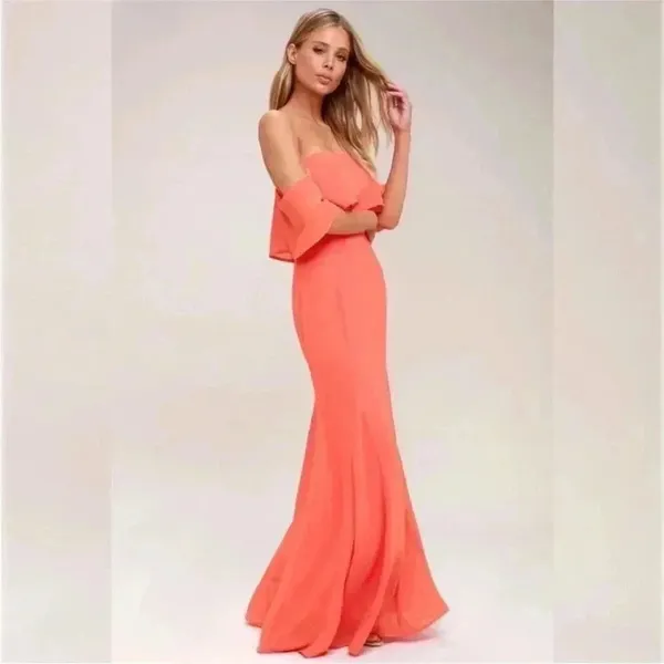 NWT Lulus All My Heart Coral Pink Off-the-Shoulder Maxi Dress Chiffon Sz L - Image 4