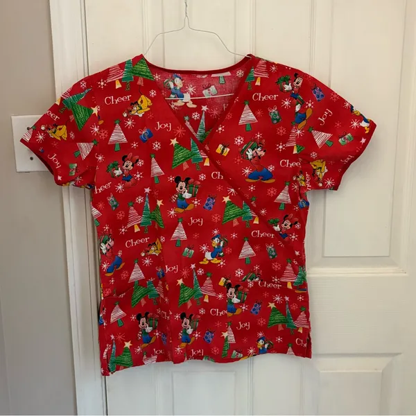 Disney Christmas Print Women’s Scrub Top in Red - Image 7