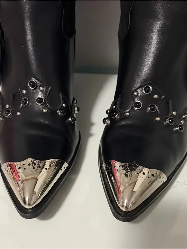 Black Fringed Western Knee-High Boots with Silver Accents - Image 4