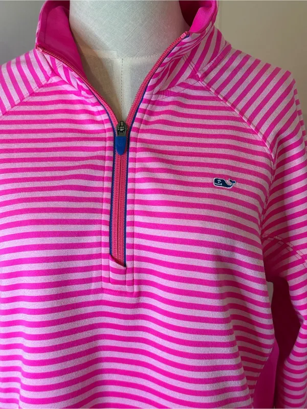 Vineyard Vines Pink and White Striped Half-Zip Pullover Sz L - Image 2