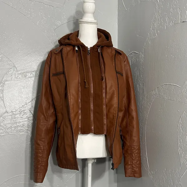 TAGOO Brown Faux Leather Jacket with Removable Hood. - Image 7