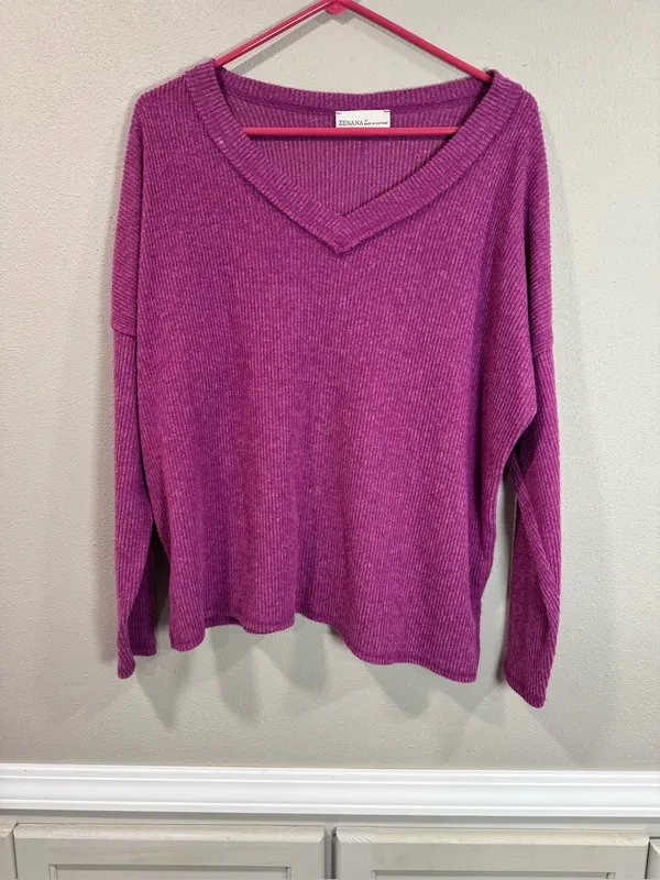 Zenana Outfitters V-Neck Ribbed Sweater in Fuchsia - Image 2
