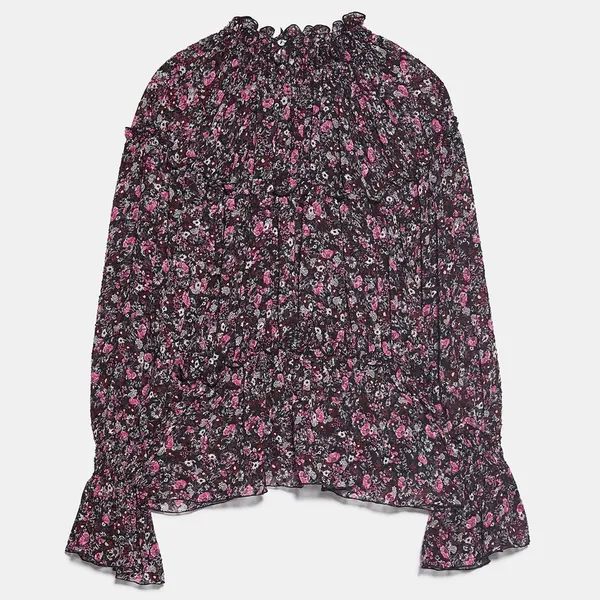 Zara RUFFLED PRINT HIGH COLLAR BLOUSE Black/Pink - Image 5