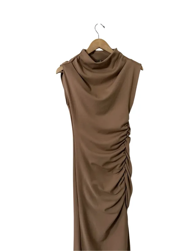 ANTHROPOLOGIE Maya Ruched Cowl Tan Sleeveless Slit Midi Dress - Image 6