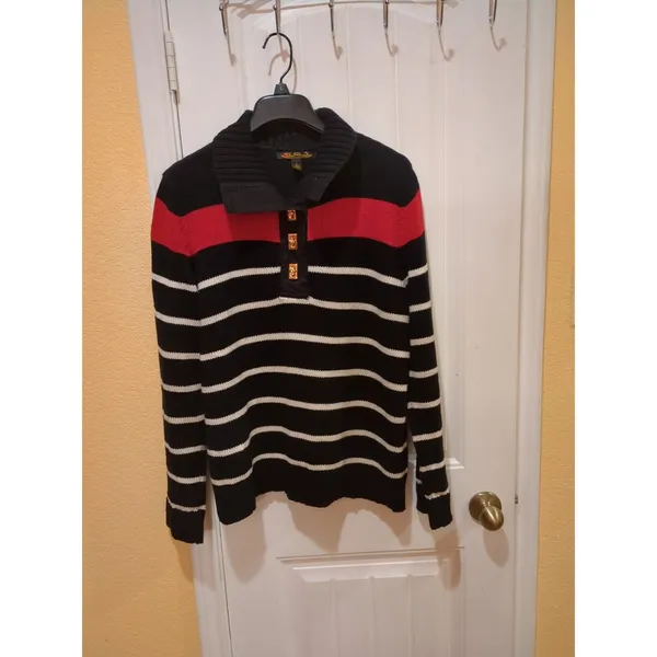 Ralph Lauren LRL Shawl Collar Sweater L Nautical Cotton Black Red Gold Buttons - Image 2