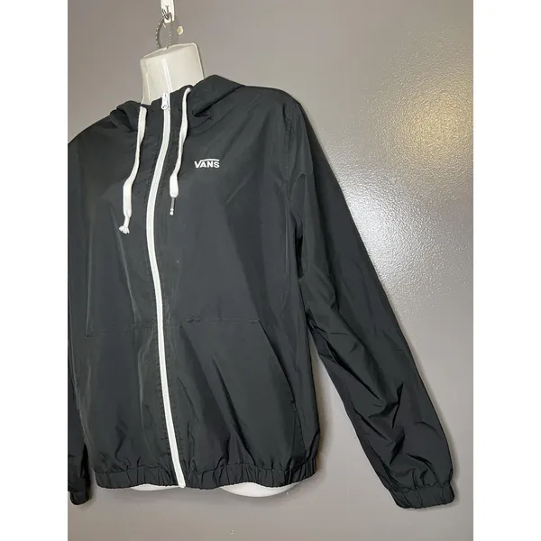 Vans Jacket Womens Sm Black White Hooded Full Zip Windbreaker Lightweight Skate - Image 4