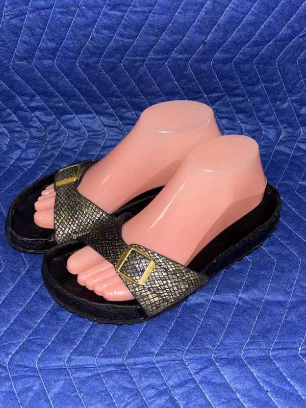 Birkenstock Madrid Python Black Microfiber Gold Buckle Slide Sandals 38 7.5 - Image 3