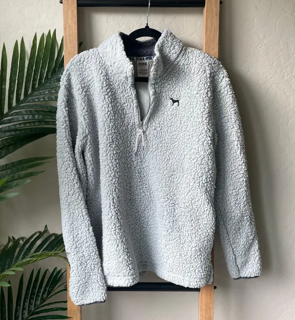 PINK - Victoria's Secret Grey Sherpa Quarter Zip Jacket - Image 4