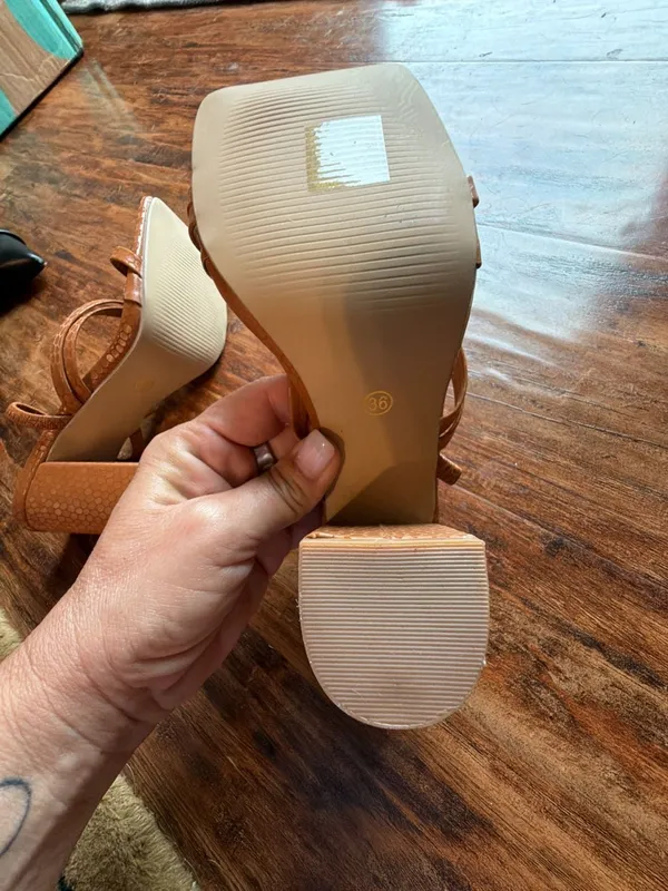 Tan Faux Snakeskin Square Toe Block Heel Sandals Size 36 - Image 6