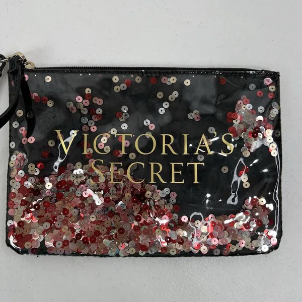Victoria's Secret Wristlet Pouch Black Sequin Floating Logo Glam Makeup Bag - Image 3