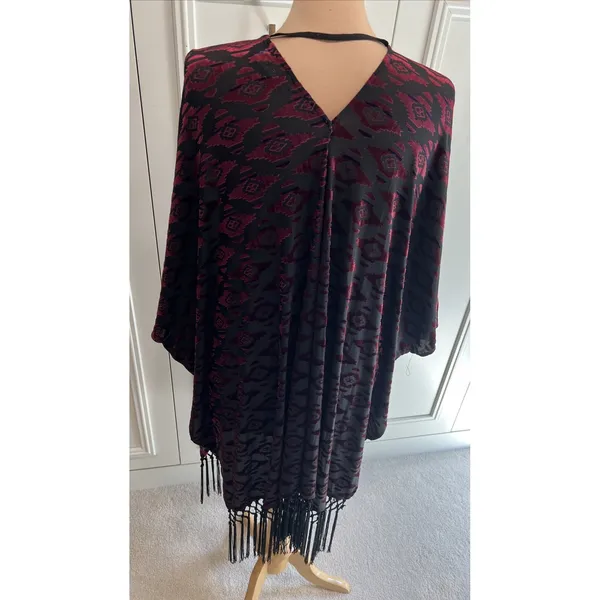 ASTR Velvet Burnout Fringe Cardigan Kimono Western Aztec Burgundy Black Gypsy - Image 4
