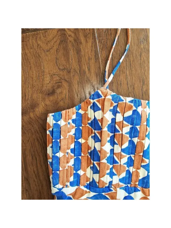 Anthropologie Ophelia Sleeveless Linen Mini Dress Size 12 Blue Orange Homecoming - Image 9