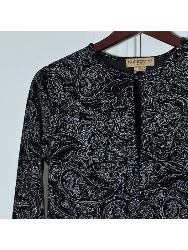 Notations Vintage Black Velvet Glitter Paisley Long Sleeve Top Petite Medium Whimsigoth - Image 8