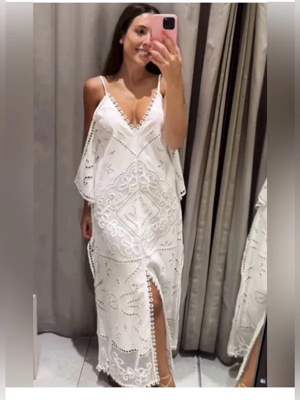 Zara white cotton embroidered dress - Image 3
