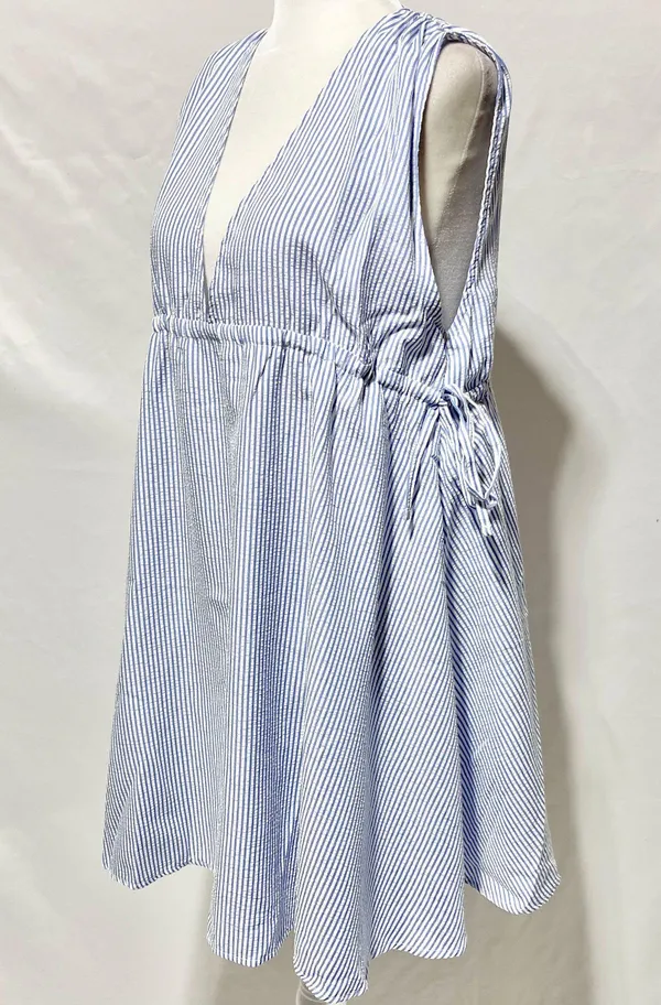 New ASOS Seersucker Plunge V-Neck Tie Waist Mini Sundress Blue White Size 4 - Image 11