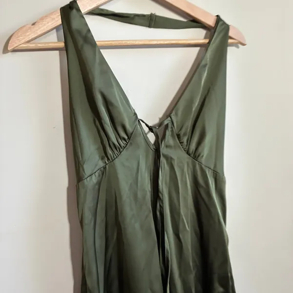 SHEIN Satin Halter Open Back Maxi Dress XS Olive Green Women Elegant V-Neck - Image 2