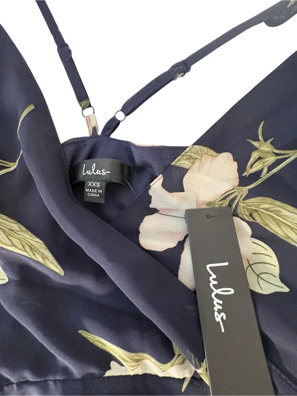 Lulus All Mine Wrap Maxi Dress XXS Navy Blue Floral High Slit Wedding Guest NWT - Image 10
