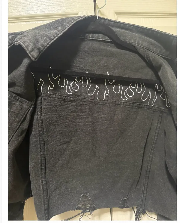 SHEIN Black Flame Distressed Cropped Denim Jacket — Medium - Image 2