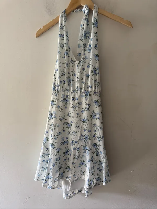 Altar’d State White‎ and Blue Floral Mini Dress Halter Neck - Image 2