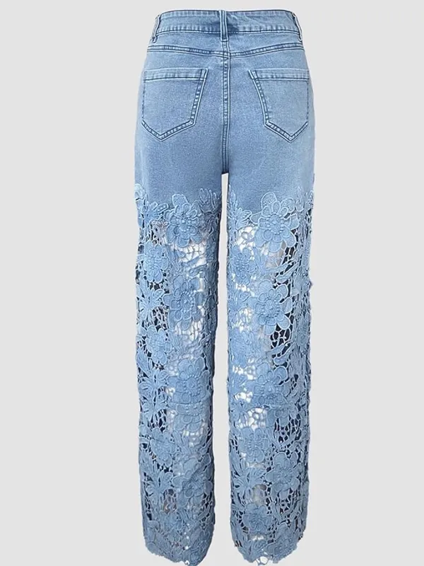 🆕 CHICME | VIRAL Floral Lace-Spliced High Waist Wide-Leg Jeans | Size Large - Image 3