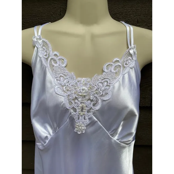 Vtg White Satin Lace Maxi Slip Dress L Bridal Nightgown Beaded Deadstock NWT - Image 5