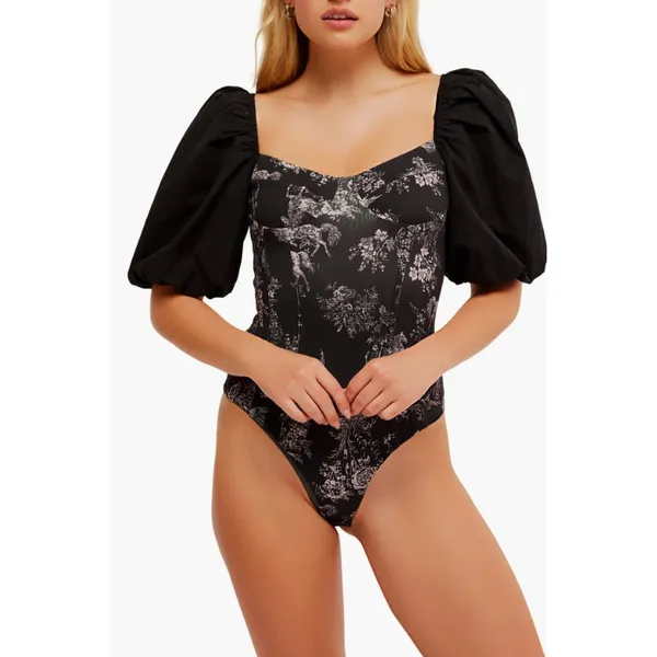 Free People Prarie Rose Puff Sleeve Bodysuit Black Coquette Romantic Large NWT - Image 2