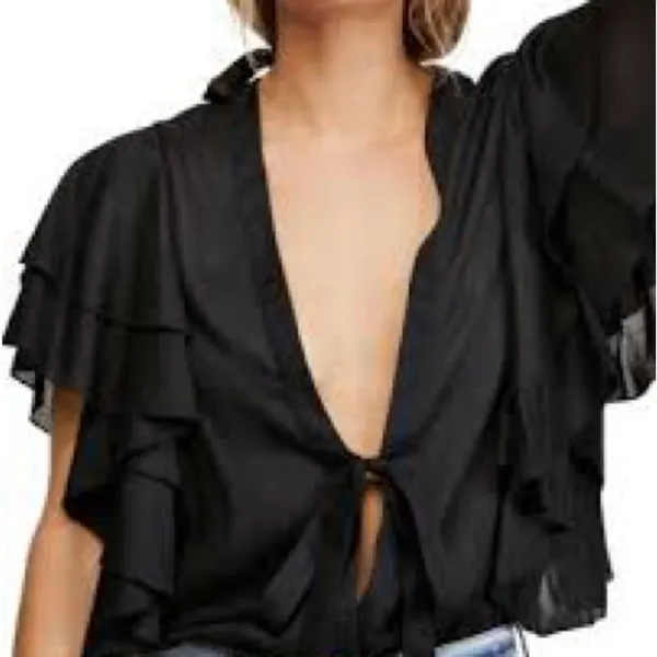 Free People Call Me Later Black Ruffle Sleeve‎ Bodysuit Blouse Size XS - Image 3