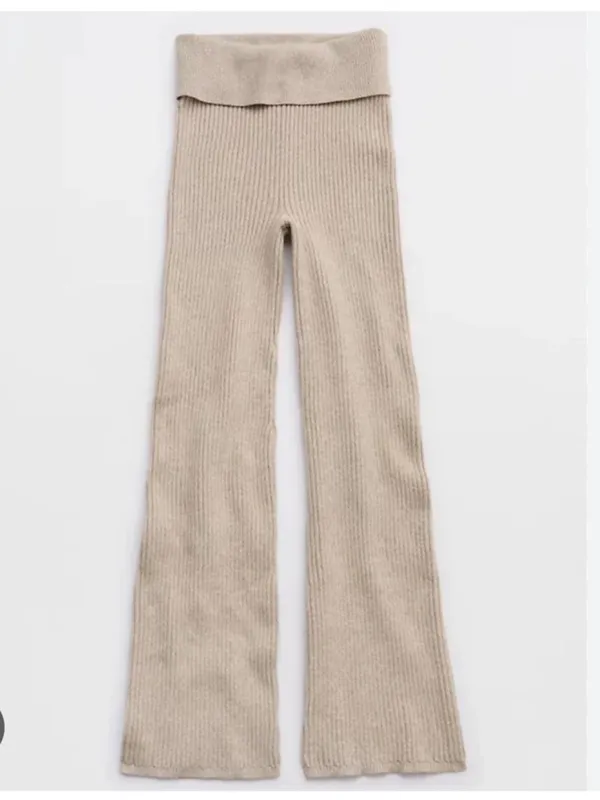 Aerie ribbed Late Night fold over flared knit pants in beige - Image 2