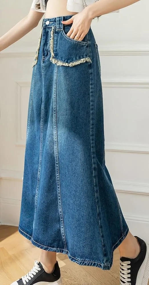 Denim lace trim A-Line Maxi Skirt - Image 4