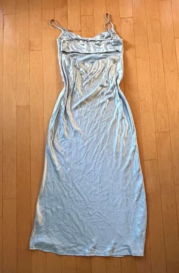 Princess Polly Jazelle baby blue satin dress with cut out back and slit - Image 4