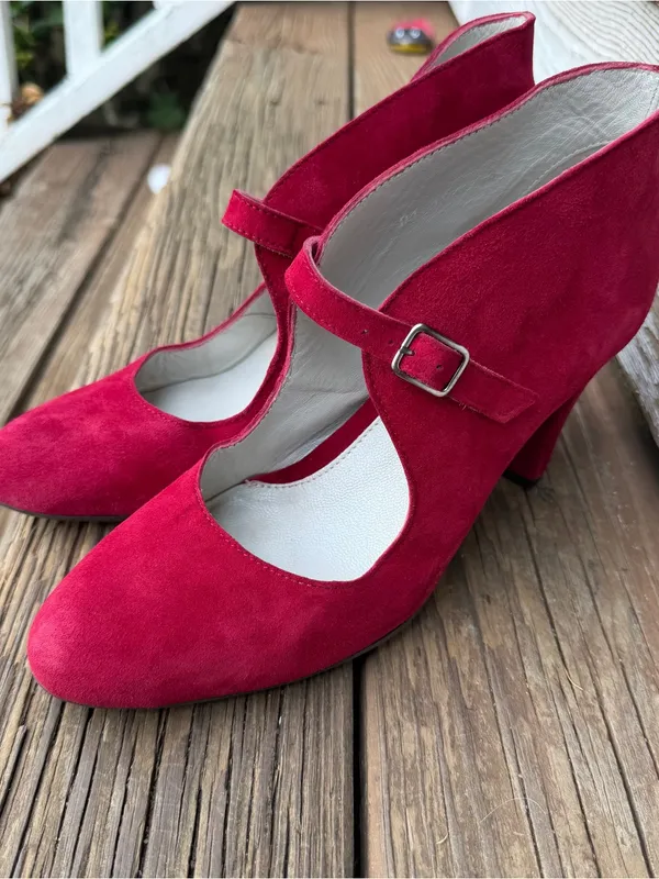 Eric Michael Red Suede Mary Jane Heels EU 38 Block Heel Leather Shoes - Image 2