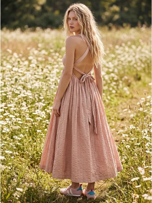 Free People Bohemian Beachy Seersucker Poppy Midi Dress Sundress Blush Large - Image 2