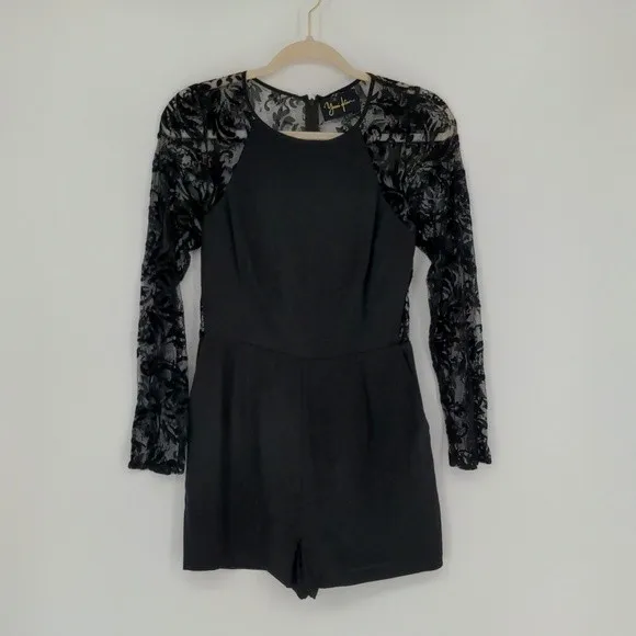 Yumi Kim Romper Women’s Small Black Silk Floral Lace Long Sleeve Open Back - Image 2
