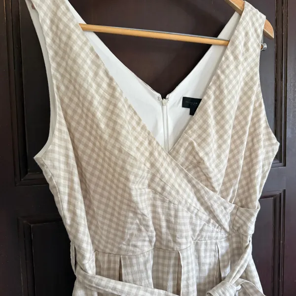 DONNA KARAN New York Tan Gingham LInen Faux Wrap Dress V Neck Size 14 - Image 2