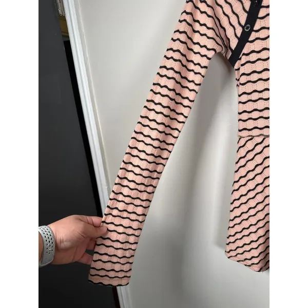 Free People Wavy Stripe Pointelle Peplum Long Sleeve Top‎ Size S Peach Black - Image 4