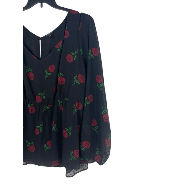 Torrid Size 3 Black Rose Print Peplum Blouse Sheer Sleeves Romantic Gothic 3X - Image 3