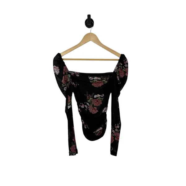 Superdown Revolve Women’s Scarlett Puff Sleeve Floral Mesh Top Black/Pink M - Image 2