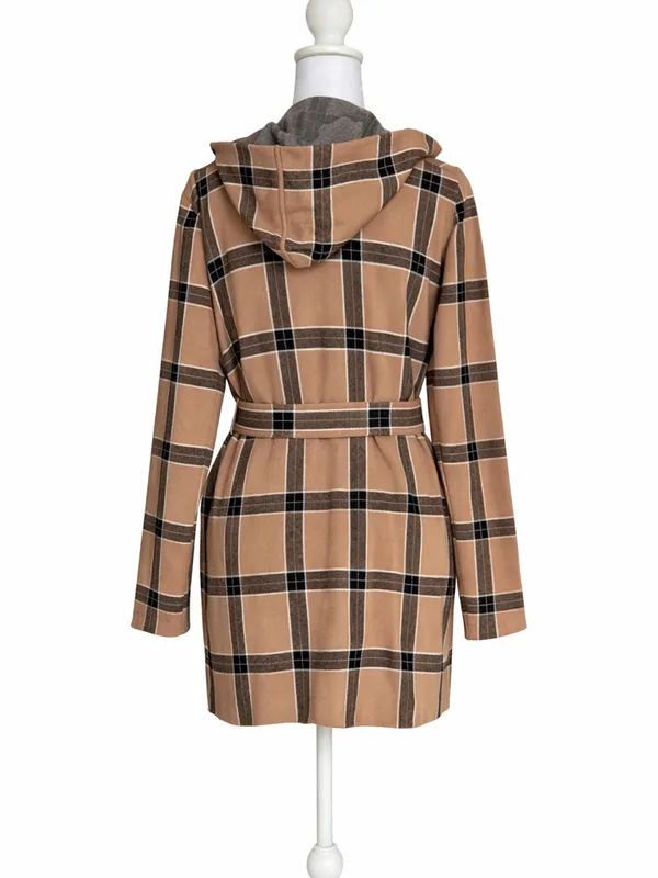Tahari Plaid Hooded Belted Cardigan Coat Coatigan Tan‎ Black Medium M Jacket - Image 2
