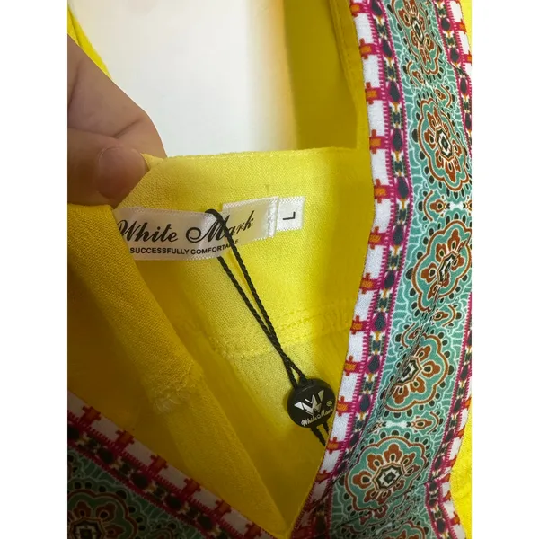 White Mark Yellow Embroidered Tunic Dress L Boho Kimono Sleeve Beach Coverup - Image 8