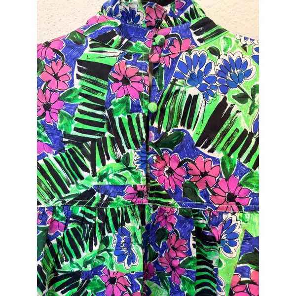 Hunter Bell Azalea Print Floral Puff Sleeve Blouse Green Pink Blue Small - Image 4