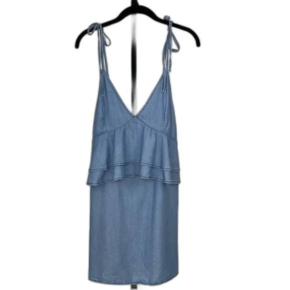 DO+BE Chambray Mini Dress Womens M Blue Tie Strap Ruffle Layered Boho Soft Girl - Image 3