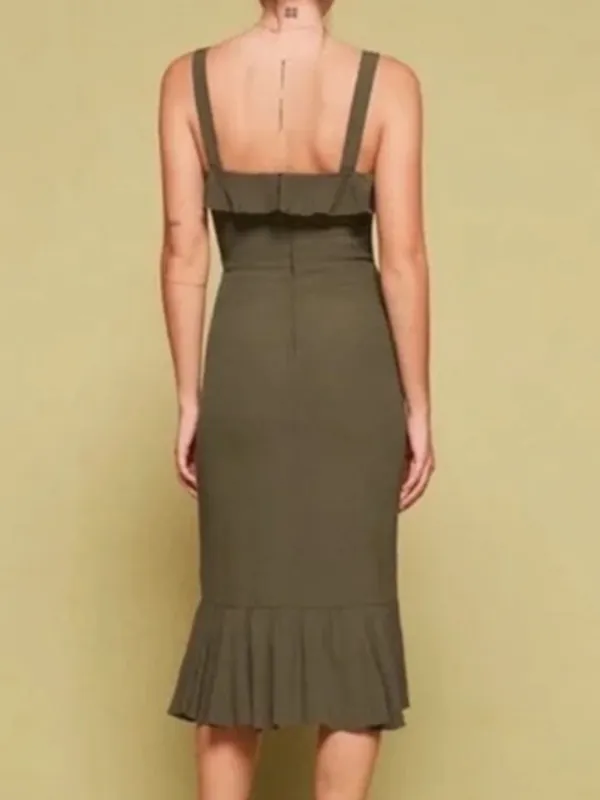 Reformation Women’s Frida Ruffle Hem Column Cocktail Midi Dress Army Green Sz 6 - Image 5