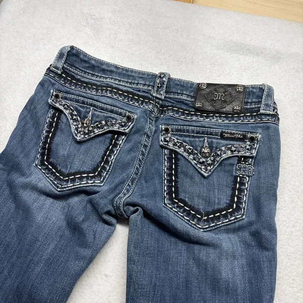 Miss Me Buckle Mid Rise Straight Embellished Flap Denim Blue Jeans 29/28 - Image 7