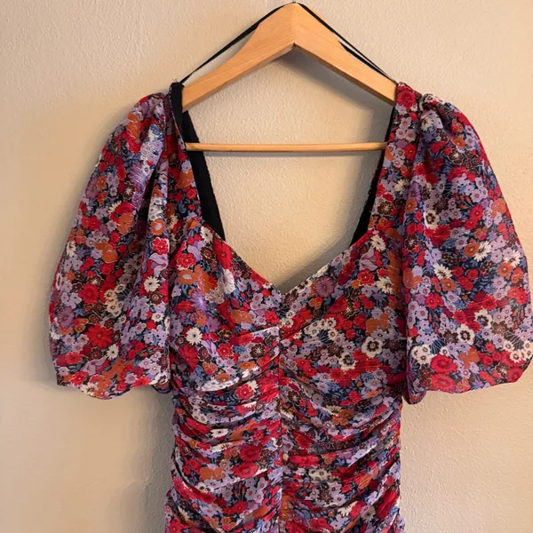 ZARA Shimmer‎ Floral Puff Sleeve Mini Dress - Image 3