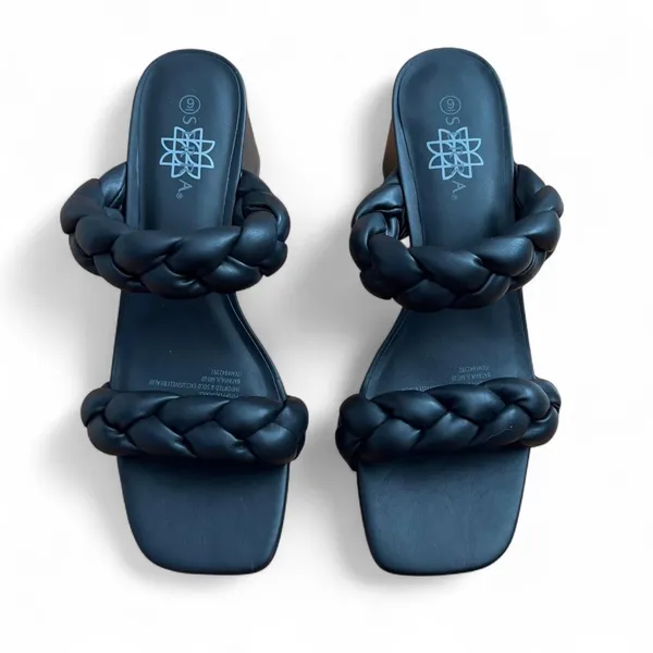 Serra Braided Double Strap Block Heel Slide Sandals Black Square Toe Chunky Sz 9 - Image 2