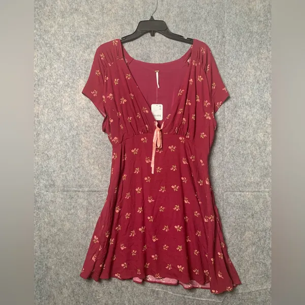 Free People Women Size Large Floral Boho Tie-Detail Mini Tea Dress Earth‎ Red - Image 2