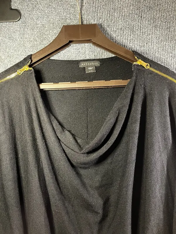 Metaphor Black Cowl Neck Long Sleeve Pullover Sweater with Gold Tone Shoulder Zi - Image 4